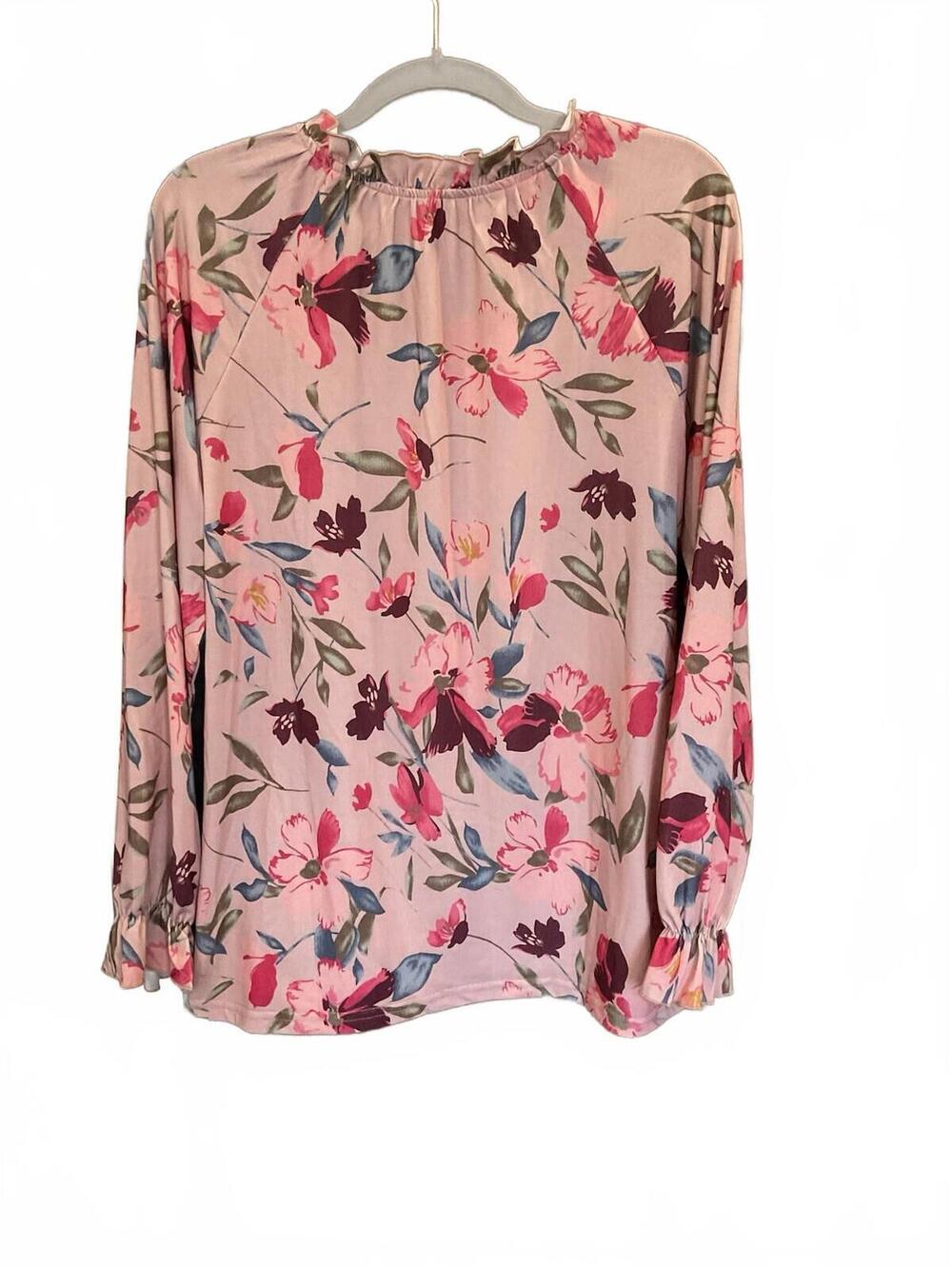 Womens Pink / Floral Long Sleeve Tie/ruffle Neck Blouse Size Small - Picture 2 of 8
